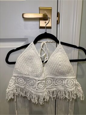 Crochet Fringe Halter Top - White